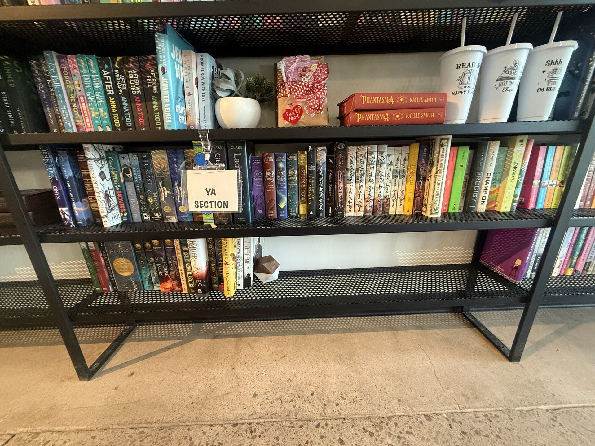 A low black mesh shelving unit of young-adult paperbacks with a hand-lettered YA SECTION card propped among them, and three tumblers on the top shelf printed READ, JUST ONE CHAPTER and SHHH, I'M READING.